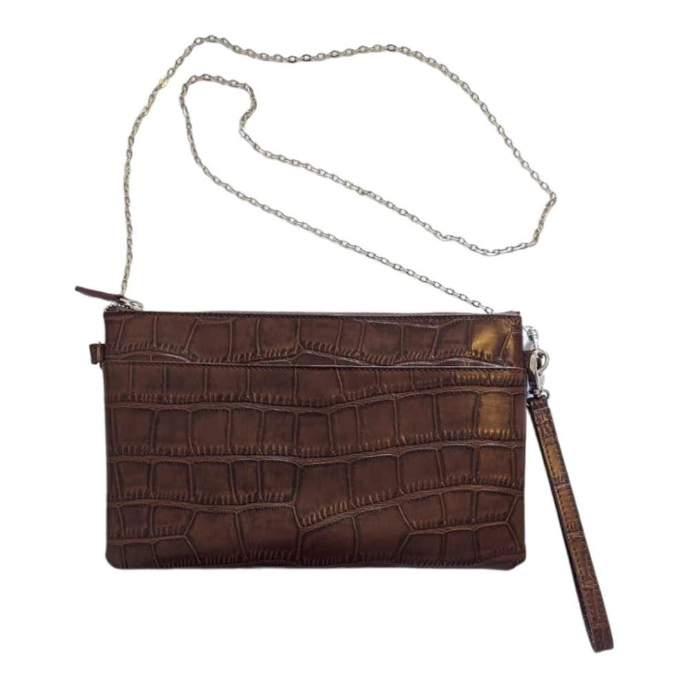 Danier Leather Croc Embossed Clutch with Shoulder Strap Brown